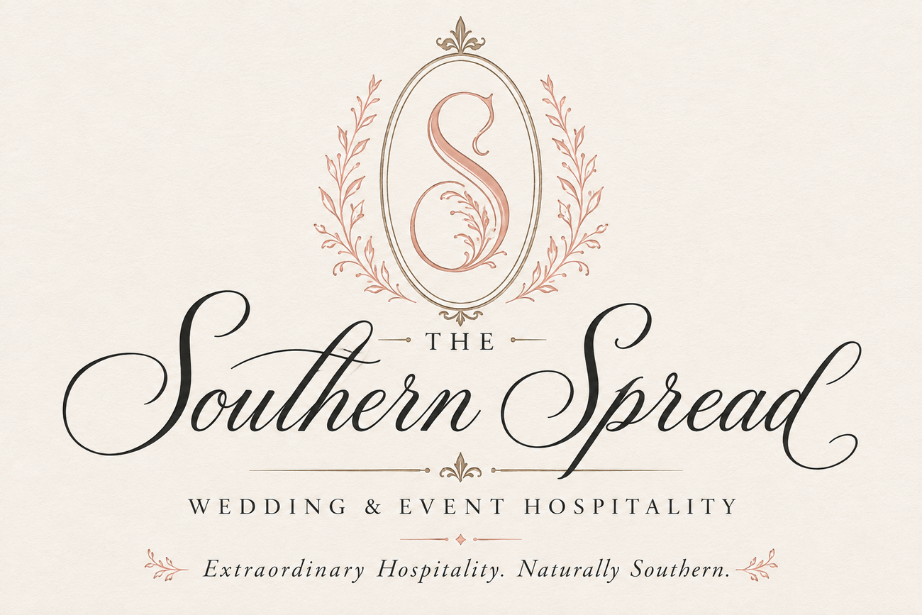 The Southern Spread crest — an ornate blush monogram wreathed in laurels, reading Wedding and Event Hospitality, Extraordinary Hospitality, Naturally Southern